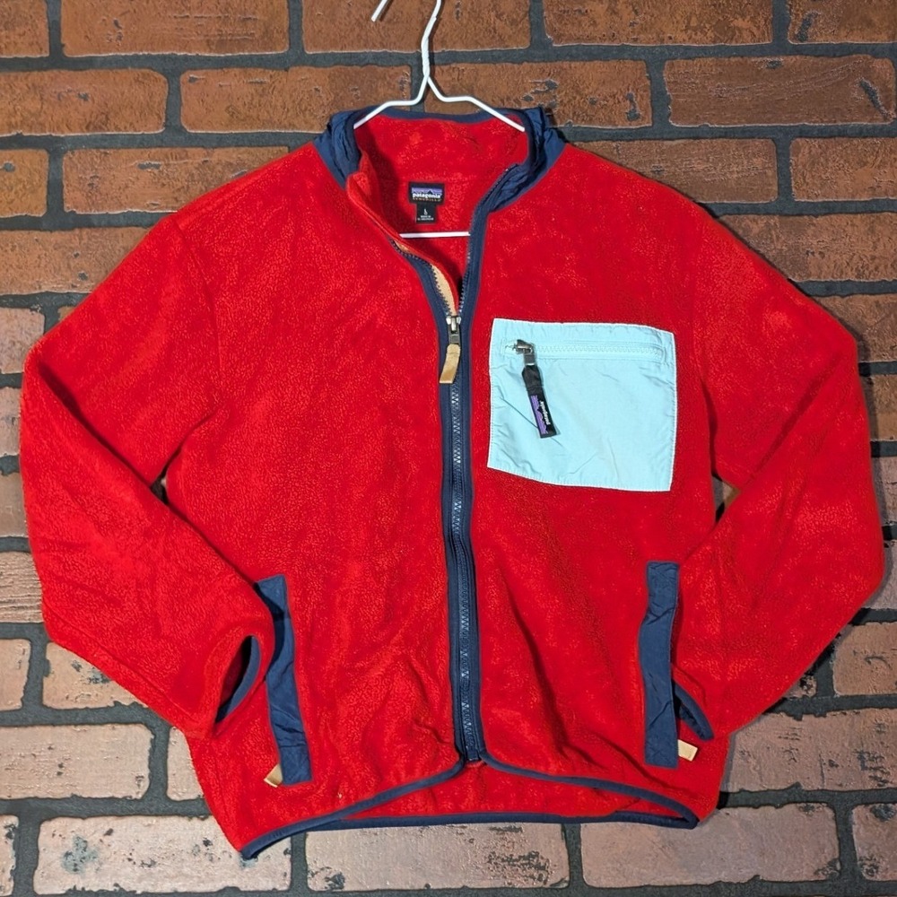 Patagonia Boys L Synchilla Full Zip Fleece Red Navy Blue Unique Colorway‎